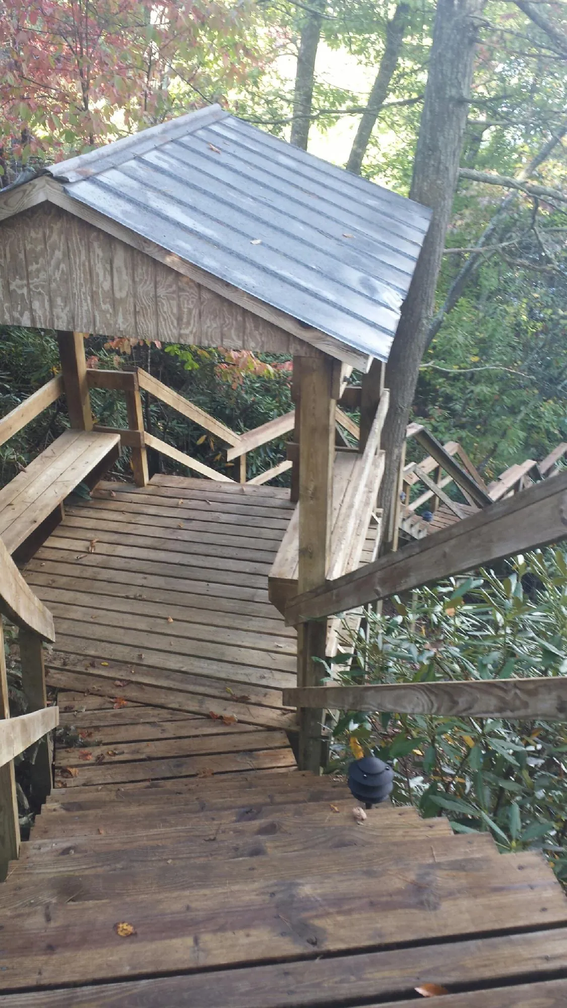Metal roofed shelter over wooden steps on a wooded walkway — Skylight Repair & Installation work by our crew in Grand Lake